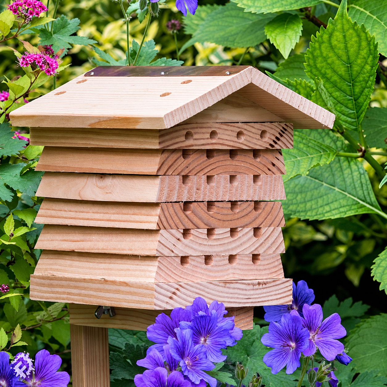 Wild Bee Hotel with its copper roof beside purple geraniums